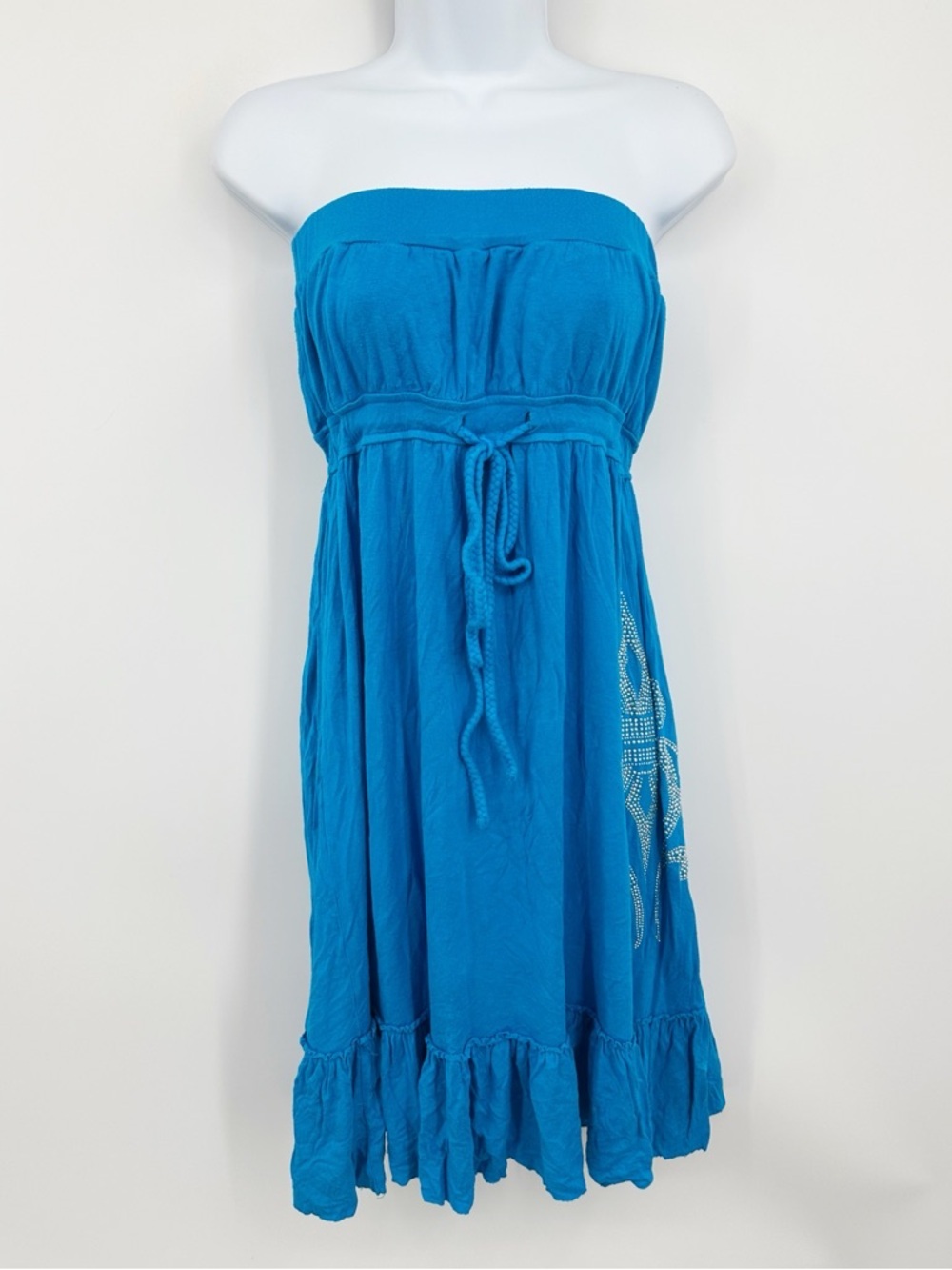 Vintage Y2K Blue Rhinestone Strapless Mini Dress Size Small Streetwear